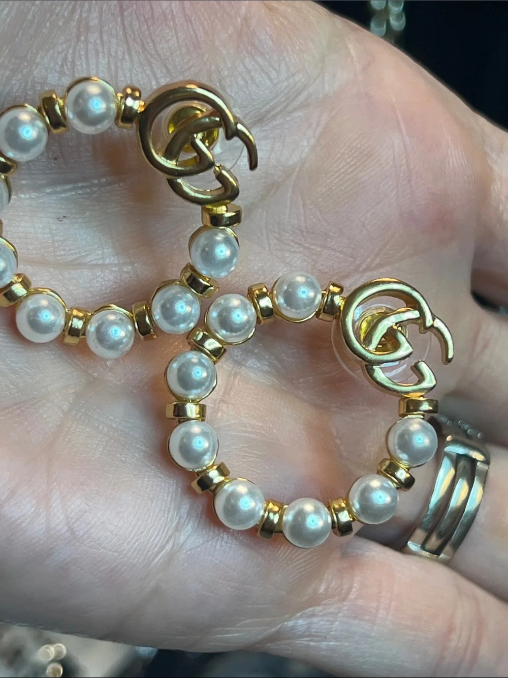 Gold Pearl Hoop Drop Earrings with Interlocking Double G Accent